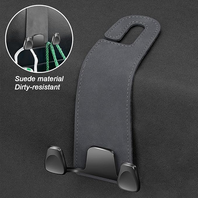 Car Seat Headrest Hook, 2PCS Leather & Metal Double Hook Vehicle Back Seat Hanger Holder for Phone Handbag Purse, Automobile Storage Organizer, Universal for Van Truck Sedan (Grey)