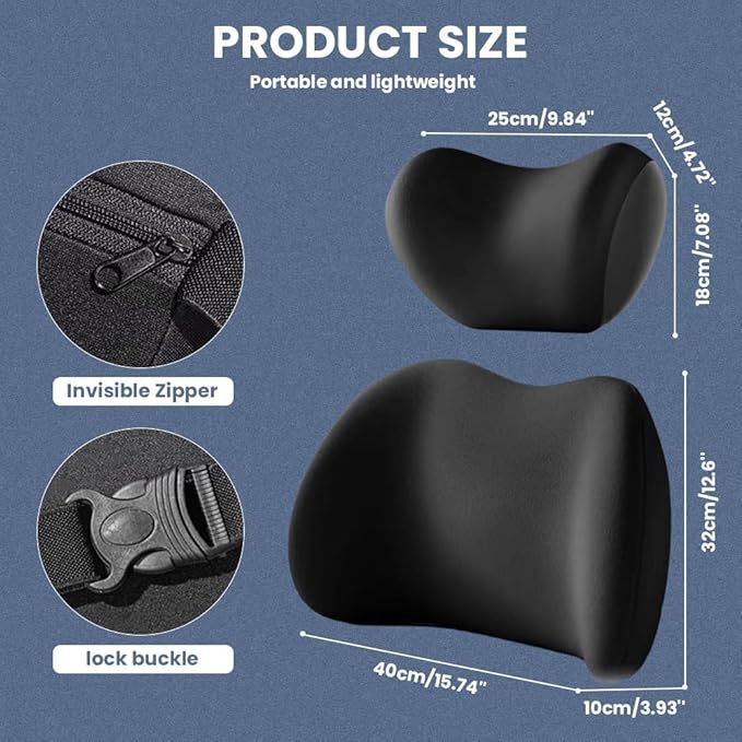 Car Headrest & Lumbar Support Cushion, 2025 Upgrade Car Lumbar Support Pillow and Car Neck Pillow Kit, Ergonomic Car Seat Headrest & Lumbar Cushion for Neck Back Pain Relief (Black)