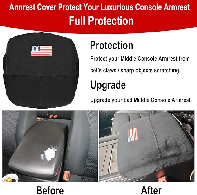 Center Console Cover for 2013-2023 Dodge Ram 1500 2500 3500 Middle Console Armrest Cover with Pocket, US Flag Comfortable Scratch-Resistant Velvet Covers, Vehicle Armrest Cushions
