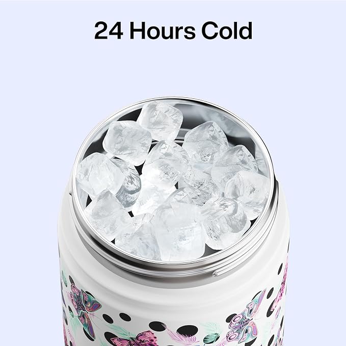 ENCOOL Insulated Water Bottle with Straw Stainless Steel Water Bottle, Glow in the Dark, Leak-Proof, BPA-Free, Keeps Cold for 24 Hours for Sports, Travel, School (26 oz, White Butterfly)