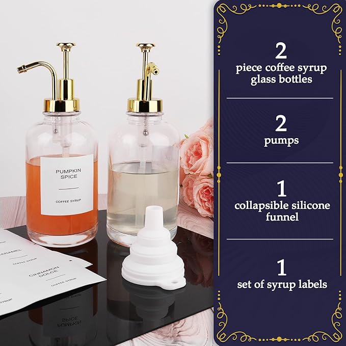 2Pack Coffee Syrup Dispenser, 16.9 oz Transparent Glass Bottles with Gold Pump, Labeled for Precise Dispensing, Ideal for Coffee Shop and Home Bar