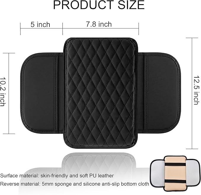 Car Center Console Cover, Upgraded Leather Armrest Seat Box Cover with 2 Storage Bags, Universal Waterproof Car Armrest Cushion Comfortable Accessories for Most Vehicles (Black)