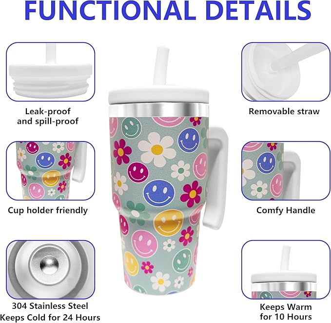 2PCS 20-OZ Insulated Water Bottle,Insulated Stainless Steel Tumbler,Reusable Cold Drink Thermos,BPA-Free, Double-Wall Stainless Steel Water Bottle (Green-Simleyface Flowers, 20, Fluid Ounces)