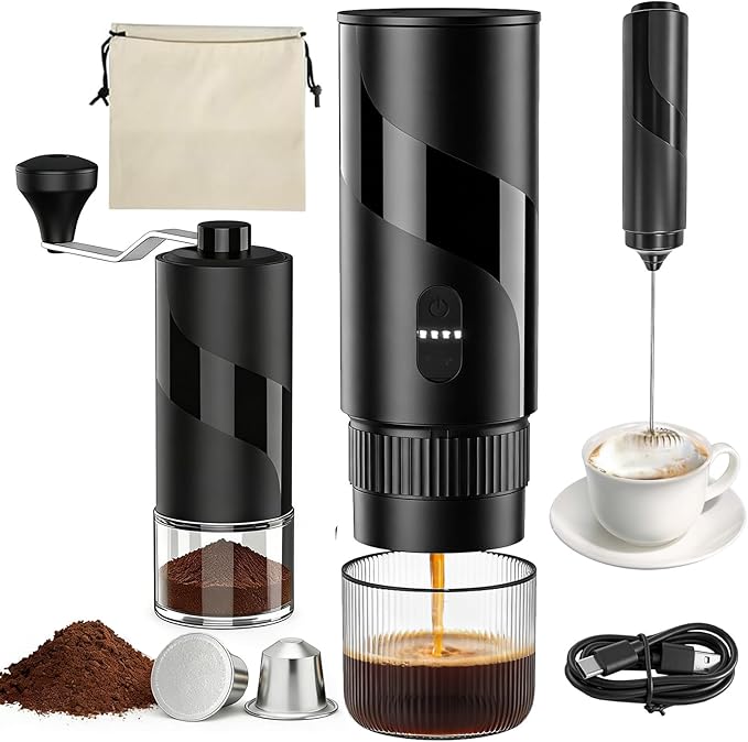 Portable Electric Espresso Machine Set - Travel Coffee Maker Pack for Camping, with Ground Coffee & NS Capsule, Electric Milk Frother, Grinder, Gift for Coffee Lover, for Car, RV, Hiking, Office