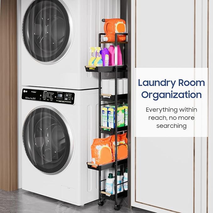 6 Tier Slim Storage Cart with Pull-Out Baskets Rolling Cart with Wheels Wood Top Narrow Utility Cart Metal Shelving Units for Pantry Laundry Room Bathroom Kitchen Black 8in(W)