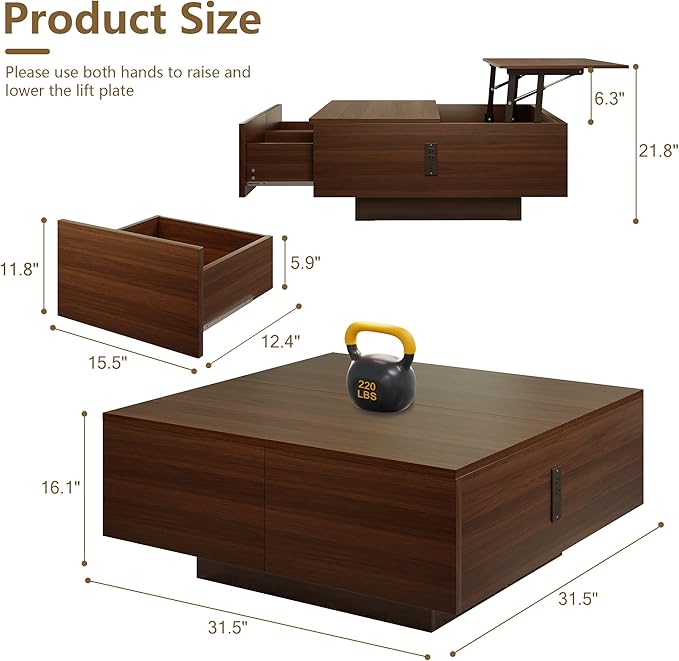 Square Lift Top Coffee Table, 31.5" Wooden Coffee Table with 2 Drawers & Hidden Storage, LED Lights & Charging Station, Mid Century Modern Center Table for Living Room Home Office (Walnut)