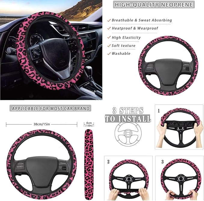 Panda Printed Car Interior Cover Sets, Set of 10, Includes Car Front and Rear Seat Protector, 15 Inch Steering Wheel Cover, Coaster, Trash Can, Air Vent Storage Bag, Keychain