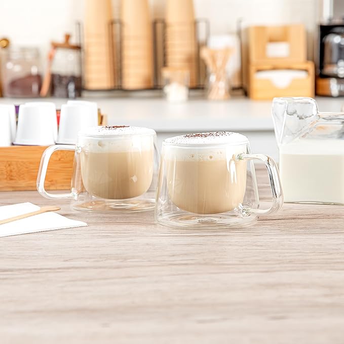 Restaurantware-Forma Professional 6.8 Ounce Double Wall Coffee Mugs, 2 Insulated Coffee Mugs With Handle - Dishwashable, Reusable, Clear Glass Beverage Cups, Freezable, For Hot Or Cold Beverages