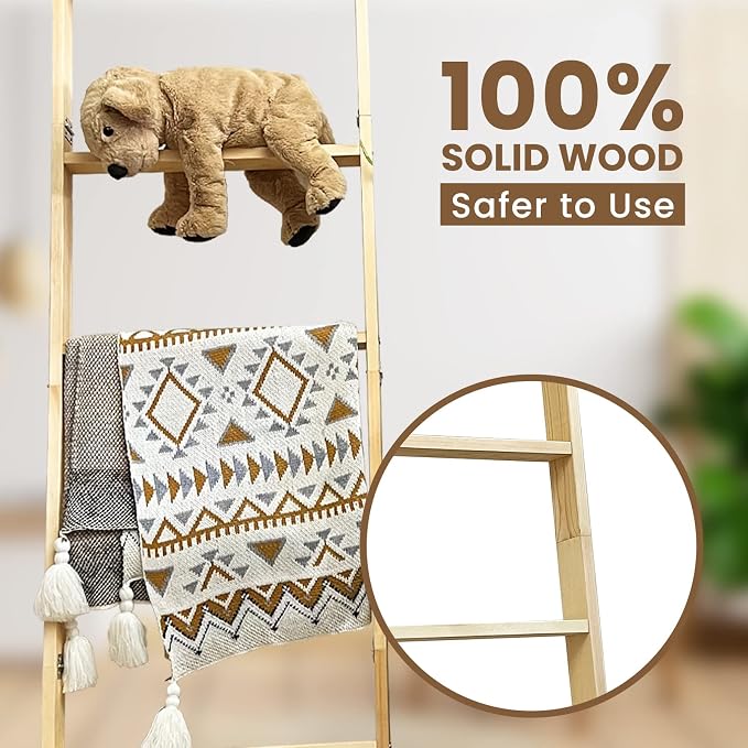 6-Tier Blanket Ladder – 5.5 Ft Wall Leaning Quilt Rack, Farmhouse Blanket Storage for Living Room, Bedroom & Bathroom – Rustic Decorative Wooden Towel & Quilt Holder, Easy to Assemble