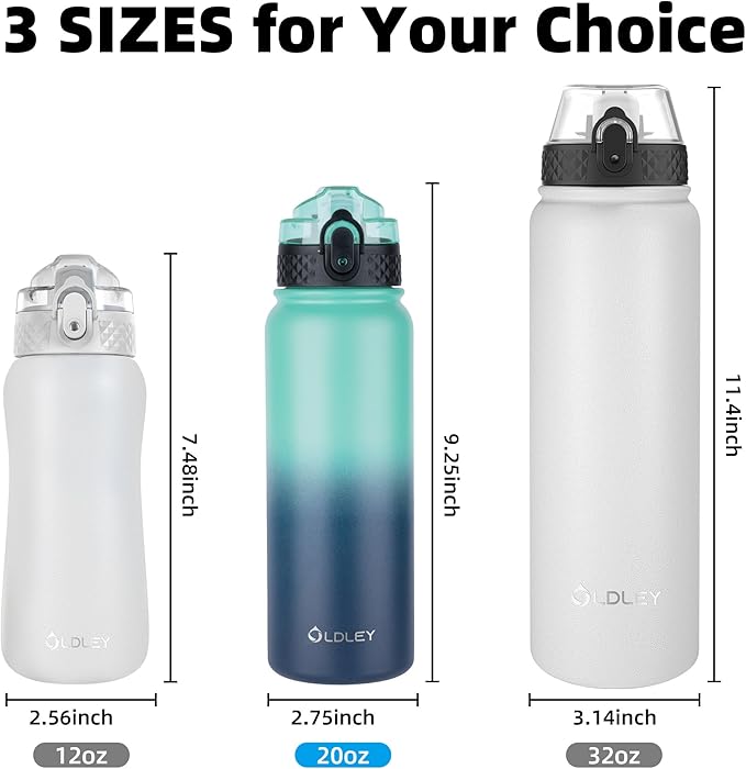 Oldley Insulated Water Bottle 20oz for Adults Kids Stainless Steel Water Bottles with Straw/Chug/Carabiner 3 Lids Fruit Strainer Double Wall Vacuum Wide Mouth BPA Free Leak-Proof for School Travel