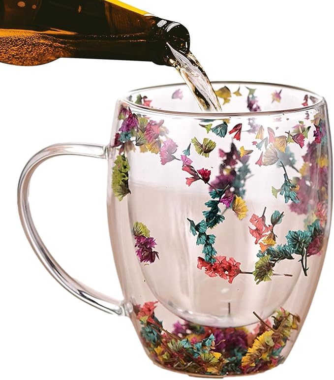 Camyu Artistic Glass Espresso Cup, 350ml Double Wall Insulated Glass Coffee Mugs, Anti-Scald Thick Expresso Coffee Cups With Dried Flowers For Hot Beverages