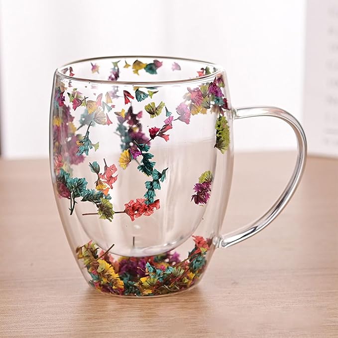 Camyu Artistic Glass Espresso Cup, 350ml Double Wall Insulated Glass Coffee Mugs, Anti-Scald Thick Expresso Coffee Cups With Dried Flowers For Hot Beverages