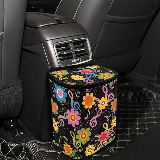 Hippie Flower Music Note Car Trash Can with Lid,Leak Proof Garbage Can Hippie Flower Car Interior Accessory Zipper Protable Vehicle Rubbish Bag for Back Seat