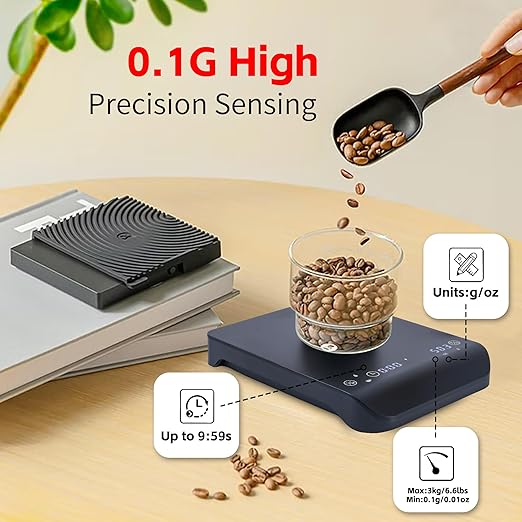 Multifunctional Coffee Scale Features high Precision sensors with 0.1g Sensitivity, Dual LCD, Rechargeable Battery, Tare Function, 4 Weighing Modes, and USB-C Charging
