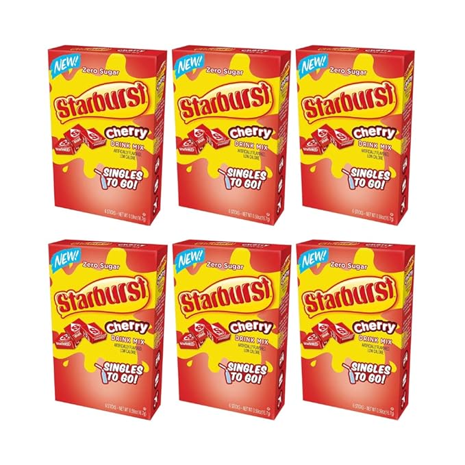 Starburst Singles To Go Powdered Drink Mix, Cherry, 6 Boxes with 6 Packets Each - 36 Total Servings, Sugar-Free Drink Powder, Just Add Water, 6 count (Pack of 6)