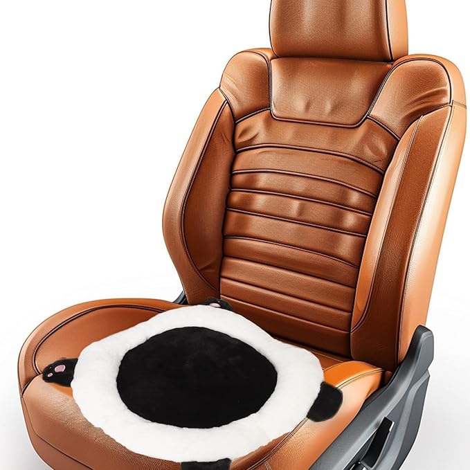 Cute Panda Plush Car Seat Cushion, Lumbar Support Pillow for Driving and Office Chair, Black Rabbit Fur Round Pad, Universal Automotive Interior Accessory