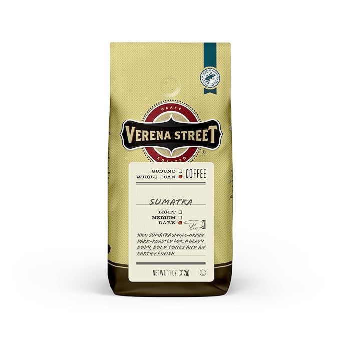 Verena Street 11 Ounce Whole Bean Coffee, Dark Roast, 100% Sumatra, Rainforest Alliance Certified Arabica Coffee