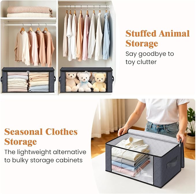 Fab totes 35L Closet Organizers and Storage, Foldable Under Bed Storage Containers, Storage bags for Organizing Bedroom, Closet, Clothing,Organization with Handle (3 Pack,Grey)