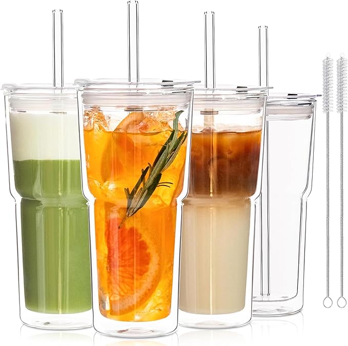 KEMORELA 20oz Double Wall Glass Tumblers 4‑Pack with Lids & Straws | Insulated Clear Drinking Glasses for Iced Coffee, Matcha, Smoothies | Reusable Cups for Family & Parties