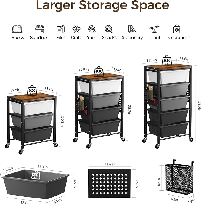 Rolling Cart with 3 Drawers, Plastic Drawer Storage Carts with Lockable Wheels & Wooden Tabletop, Metal Utility Cart Organizer, Office Bedroom Classroom Craft Organization and Storage, Dark Grey
