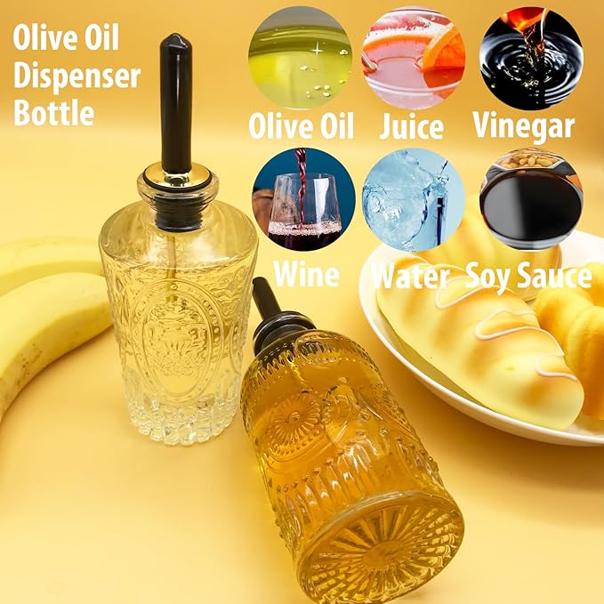 Olive Oil Dispenser Bottle, 2 Pcs Oil and Vinegar Dispenser Set,Glass Oil Bottles 7OZ,Coffee Syrup Dispenser, Elegant Glass Cooking Dispenser for Kitchen