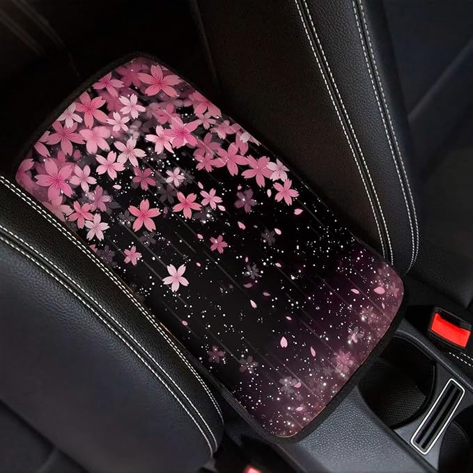 Pink Flower Car Armrest Pad for Women Cherry Blossom Car Accessories Decor Soft Center Console Arm Rest Protector Cover Universal for SUV Van Sedan Truck