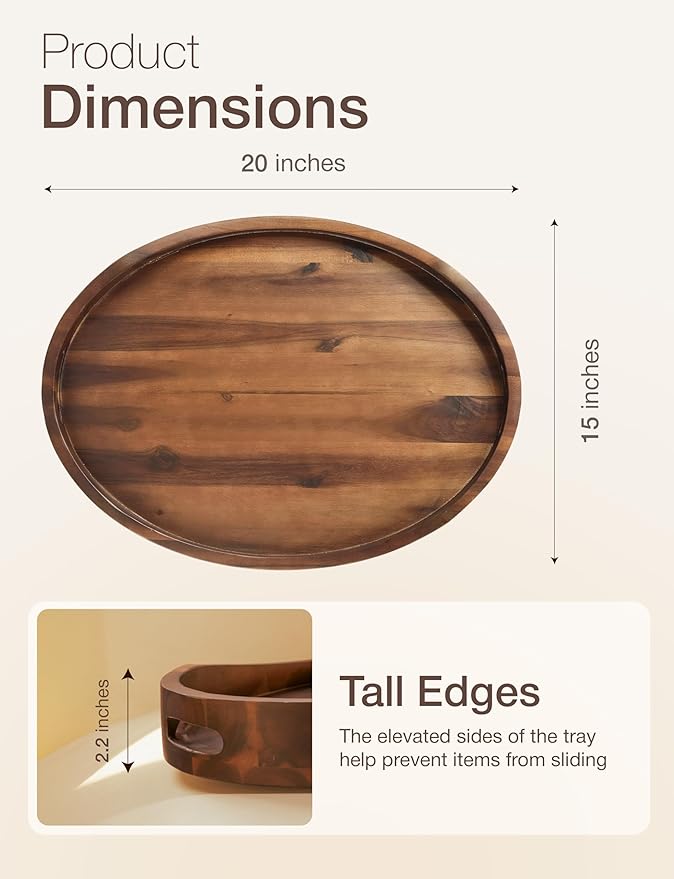 Acacia Wood Ottoman Tray with Handles - 20" x 15" Round - Large Oval Serving Trays for Living Room -Wooden Trays Decorative for Kitchen Counter, Coffee Table, Breakfast in Bed (Walnut Color)
