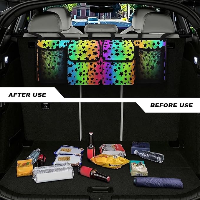 Trunk Hanging Organizer, Rainbow Galaxy Star Backseat Bag, Car Interior Accessories Decoration with Pocket for Groceries, Provide Storage Space for SUV, Jeep, MPVs