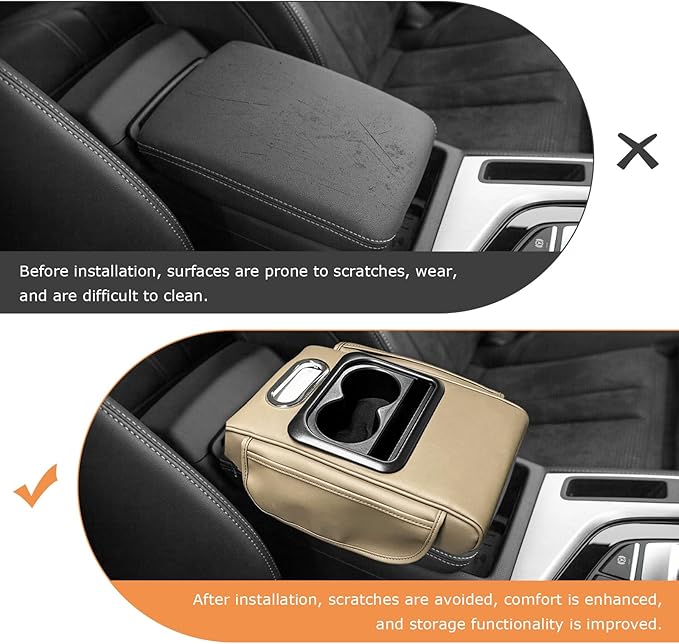 Car Center Console Armrest Pillow, 5-in-1 Armrest Cushion w/ 2 Side Bags, Tissue Box Slot, Cup & Phone Holder, Multifunctional Leather Auto Arm Rest Cover Storage Organizer (Beige, Normal)