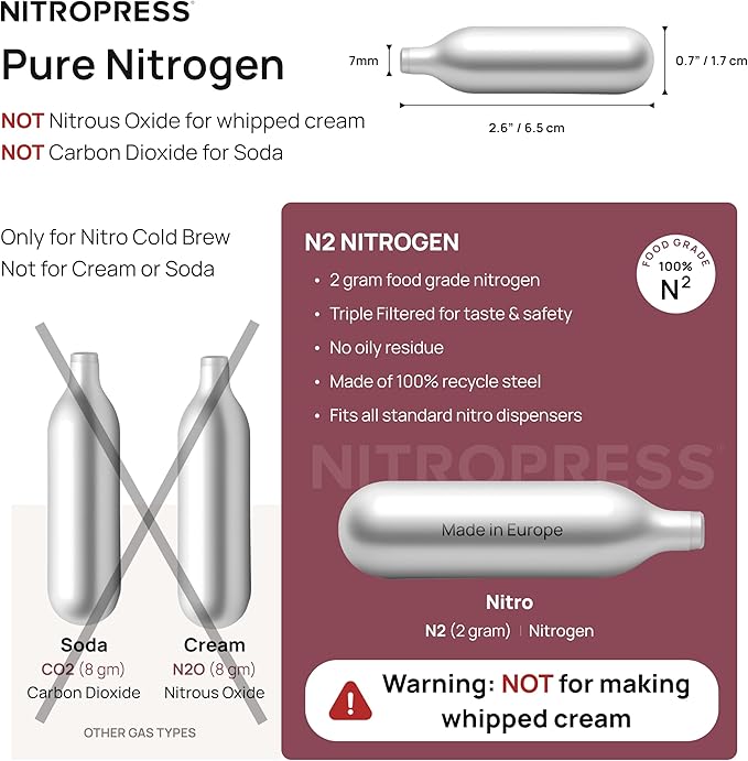 NitroPress Pure N₂ Nitrogen Cartridges - (NOT FOR WHIPPED CREAM) 10, 20, 30, 40, 360 Food-Grade Nitrogen Chargers for Nitro Cold Brew Coffee, Cocktails, Tea, Matcha | Use with Original NitroPress