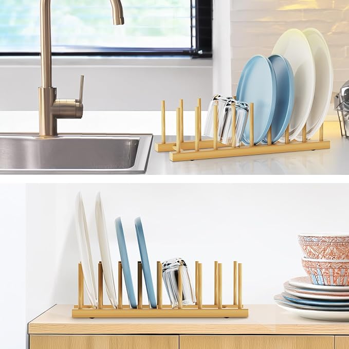 Bamboo Dish Drying Rack for Kitchen Organizer-Sturdy Plate Rack Organizer with Natural Bamboo, Dish Rack Holds Plates, Cups & Cutting Boards-Dish Drying Rack for Countertop & Cabinets（4 Pack）