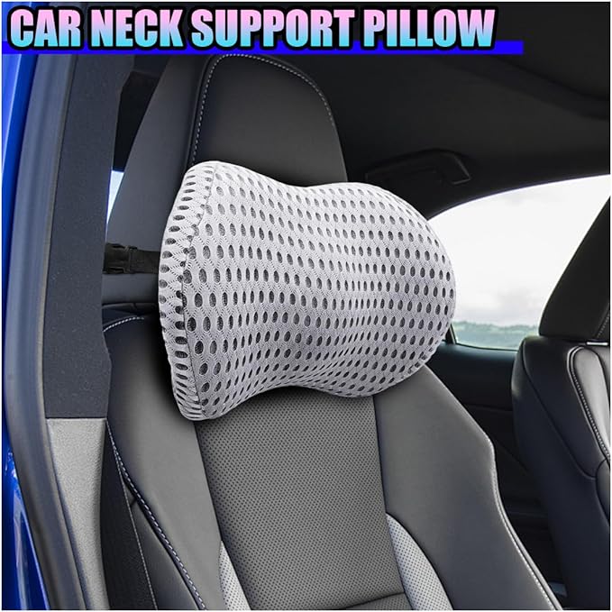 Ergonomic Memory Foam Car Neck Pillow with Adjustable Strap & Machine-Washable Cover - Long-Lasting Support for Long Drives & Office Use(Gray)