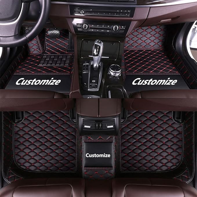 Custom Making Car Floor Mats for 90% Car Model Luxury Leather All Weather Waterproof Anti-Skid Full Coverage Liners (Black red)