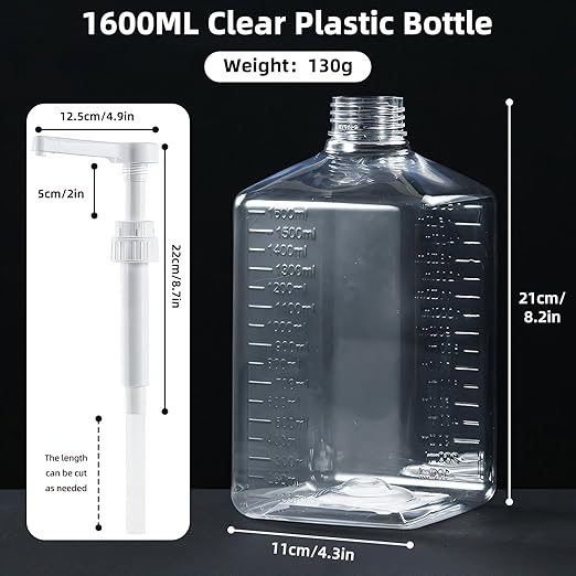 Large Capacity Syrup Dispenser for Coffee Bar, Pump Dispenser 54oz 1600ml PET Syrup Bottle w Measuring Cup and Funnel, Dispenser Bottle w Upgraded Pump (10cc Thicker PET)