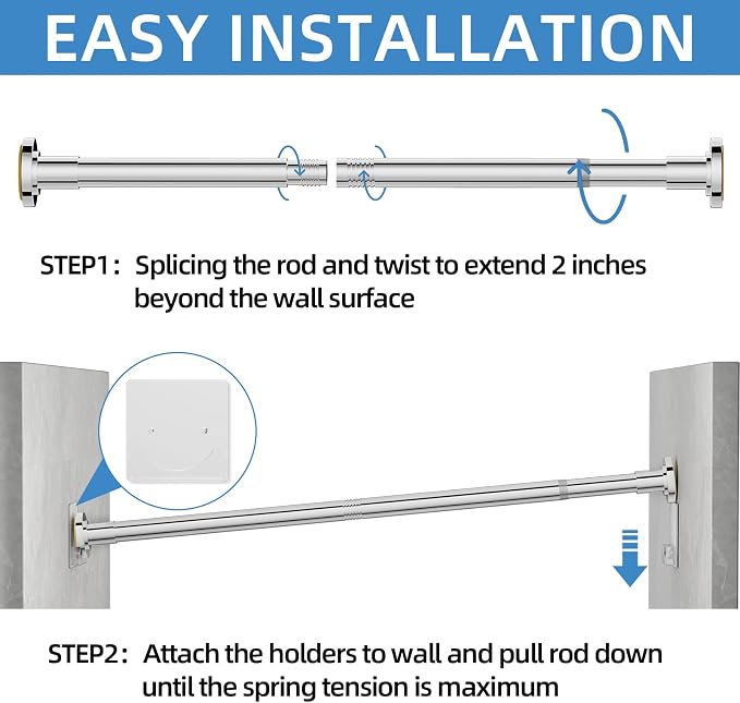 CorkLatta Chrome Shower Curtain Rod,1 Inch Diameter Stainless Steel Adjustable Spring Tension Rods 32 to 80",with Holders,Anti-Slip,Curtain Rods No Drilling(1 Pack)