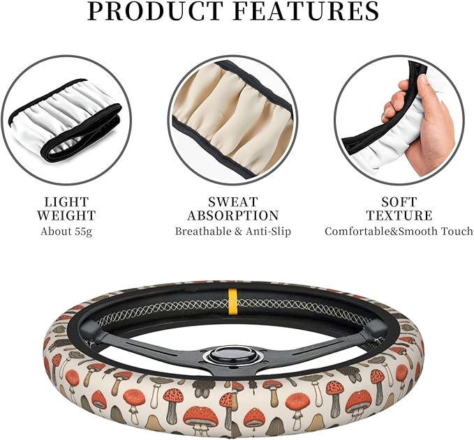 Neoprene Steering Wheel Cover Forest Autumn Nature Mushrooms Car Steering Wheel Cover Universal Fit for Most Cars