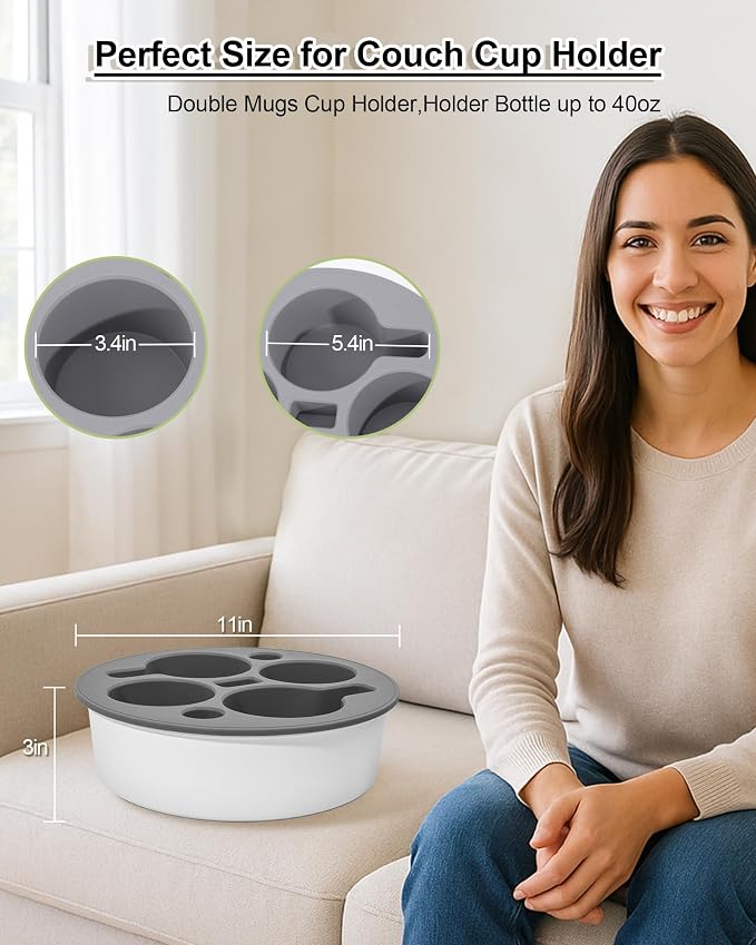 Couch Cup Holder Tray Round, 4-Cups Bedside Drink Holder for Elderly/Pregnancy, Stable Non-Spill Silicone Couch Caddy for Remote Control, Glasses‌, Snacks, Phones‌ (Black-White)
