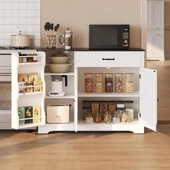 Gizoon Kitchen Coffee Bar Cabinet with Storage Kitchen Sideboard Buffet Cabinet with Drawers, Short Pantry with Door and Shelves for Bathroom and Living Room, White and Black