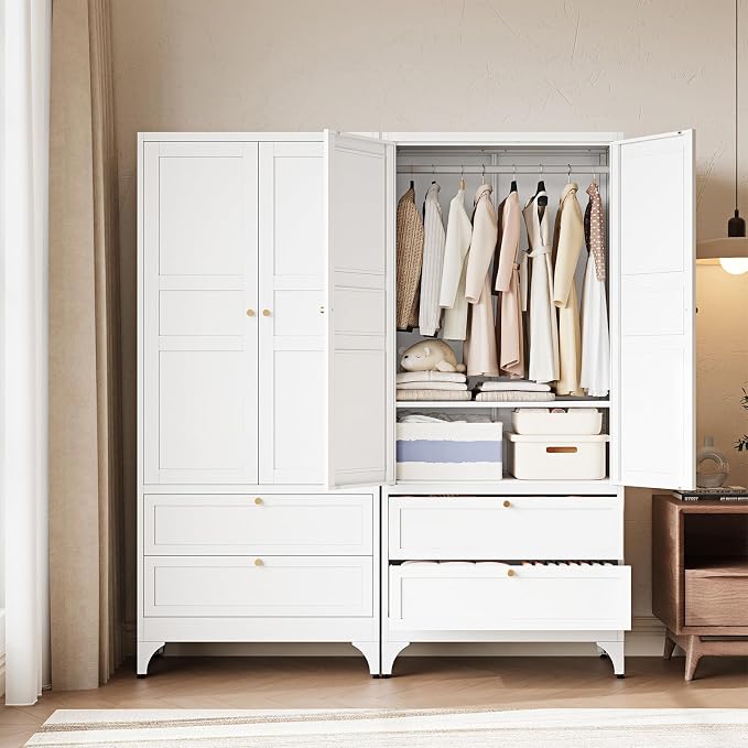 Letaya Metal Armoire Wardrobe Closet with 2 Drawers,18" Deep Clothing Storage Cabinet with Doors and Shelves,Coat Closet with Hanging Rod,Bedroom,Home,Cloak Room,White