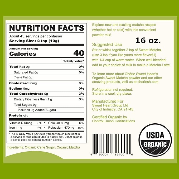 Organic Sweet Matcha Green Tea Powder - Cafe Style Blend by Cherie Sweet Heart - 16oz, Vegan & Gluten-Free, Rich in Antioxidants, Perfect for Lattes, Smoothies & Baking