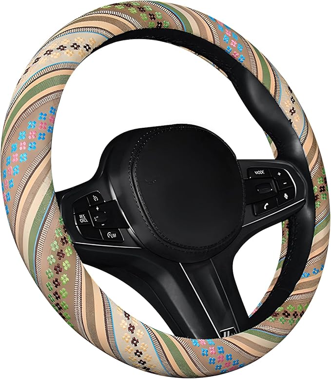 Boho Car Steering Wheel Cover, Ethnic Style Anti-Slip Coarse Flax Cloth Auto Wheel Cover, Bohemian Steering Wheel Protector for Most SUVs Vans Trucks, Car Accessories (Style G)