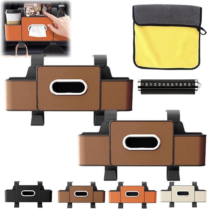 3-in-1 Car Backseat Organizer, Car Organizers and Storage Box with 2 Cup Holders & 4 Hooks, Multifunctional Car Seat Back Storage Box with Tissue Box, for Phone, Snacks, Drinks, Handbag (Brown, 2PCS)