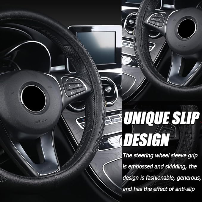 AUCELI Car Steering Wheel Cover, 14 1/2-15 inch Non-Slip Soft Breathable Leather Automotive Steering Wheel Protecteor, Vehicle Accessories for Men Women, Universal for SUV, Truck, RV（Black）