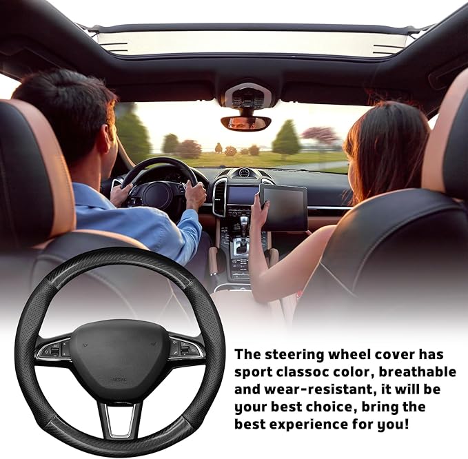 1 Pack Car Breathable Steering Wheel Cover, Wear Resistant Steering Wheel Sleeve, Carbon Fiber Non-Slip Steering Wheel Protector, Four Seasons Universal Steering Wheel Set