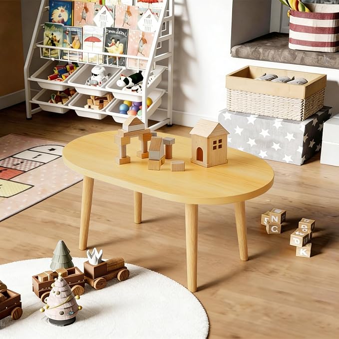 Oval Coffee Table Low Table with 4 Solid Wood Sturdy Legs,Floor Table Desk for Sitting on The Floor,19.7"D x 31.5"W x 16"H Inches,Living Room/Toy room Furniture,Rental house Furniture (Natural-Oval)