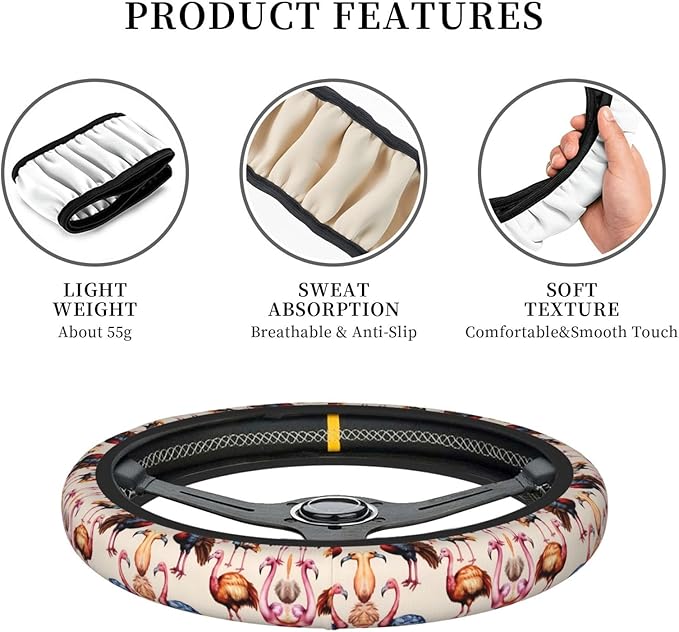 Flamingoes Turkey Car Steering Wheel Cover, 15 Inch Steering Wheel Cover Stylish Decor for Most Cars