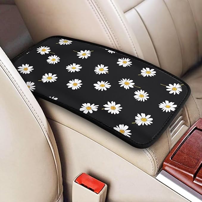 Floral Daisy Car Center Console Cushion Pad Cute Wildflower Armrest Box Cover Protector Black Comfortable Car Decor Accessories Fit for Most Cars, Vehicles, Sedans Vans Truck SUV
