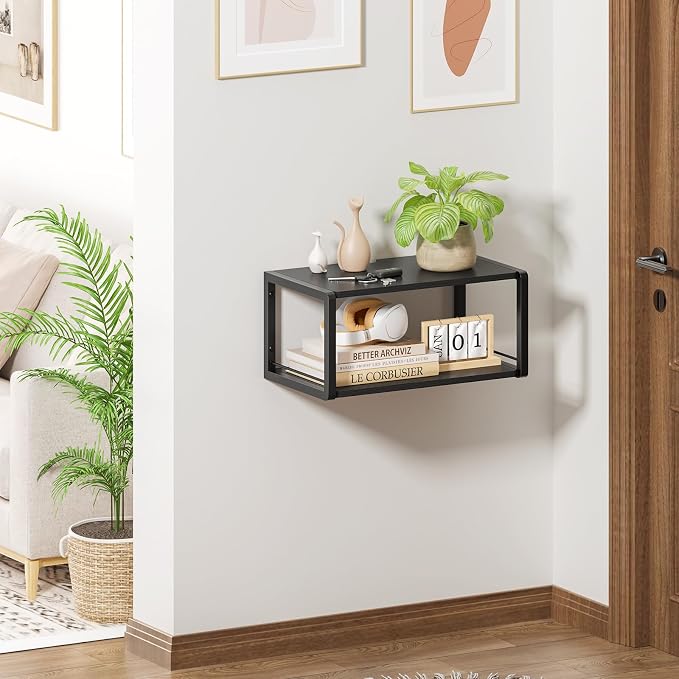 Floating Nightstand Set of 2, Wood Bedside Shelf Wall Mounted Nightstand with Heavy-Duty Frame, Floating Bedside Table for Bedroom, Living Room, Bathroom, Kitchen, (Vintage Black, 2 Pack)