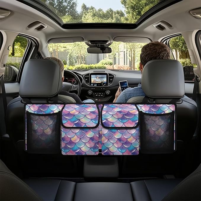 CLOHOMIN Colorful Fish Scale Car Trunk Organizer for Sedan Truck SUV Van Back Seat Storage with 4 Pockets Hanging Car Cargo Trunk Storage Organizer Bag
