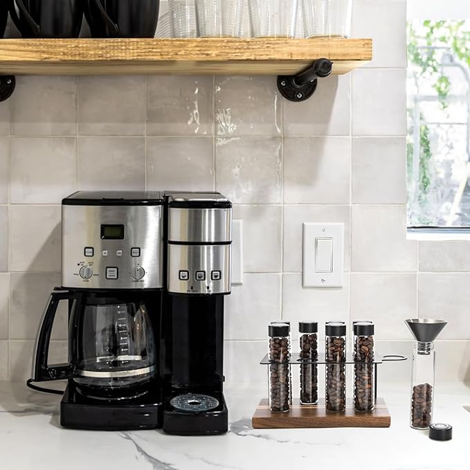 AVLA 8 Pack 2 OZ Coffee Bean Cellar Tubes, Single Dose Coffee Beans Storage with One-Way Exhaust Valve, Glass Espresso Beans Container, Dosing Vials with Wooden Stand Hopper for Coffee Lover, 20-22g